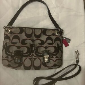 Coach Brown Signature Canvas Shoulder Bag with Pink Accent